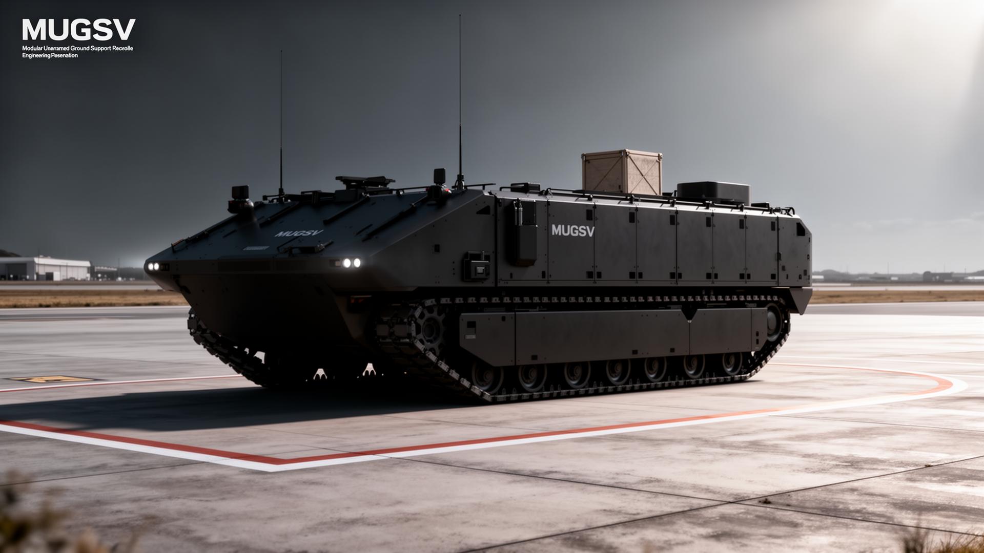 MUGSV unmanned ground support vehicle on rugged terrain at dusk
